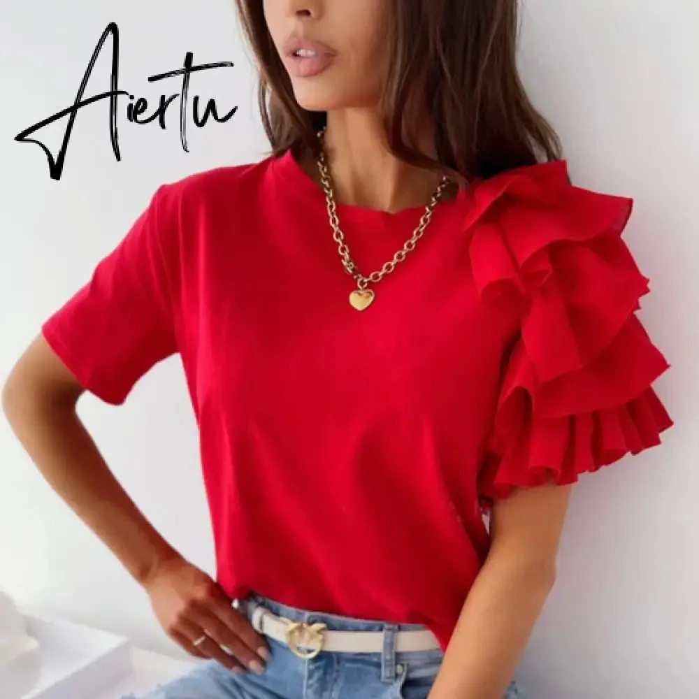 Aiertu Summer Short Sleeve Women Shirt Pullover Lady Casual O Neck Solid Blouse Shirt Fashion Layered Ruffle Tops Blusa Streetwear