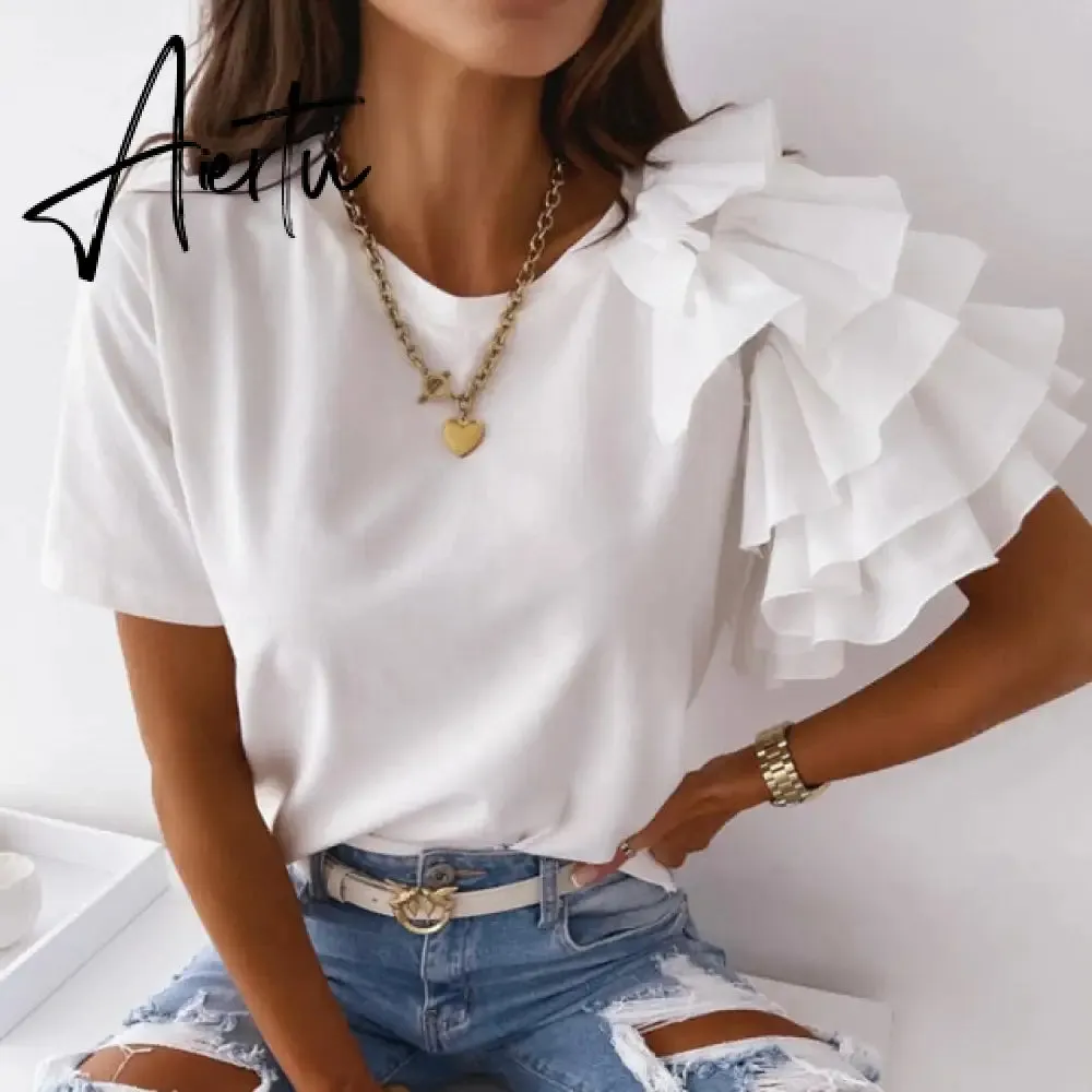 Aiertu Summer Short Sleeve Women Shirt Pullover Lady Casual O Neck Solid Blouse Shirt Fashion Layered Ruffle Tops Blusa Streetwear