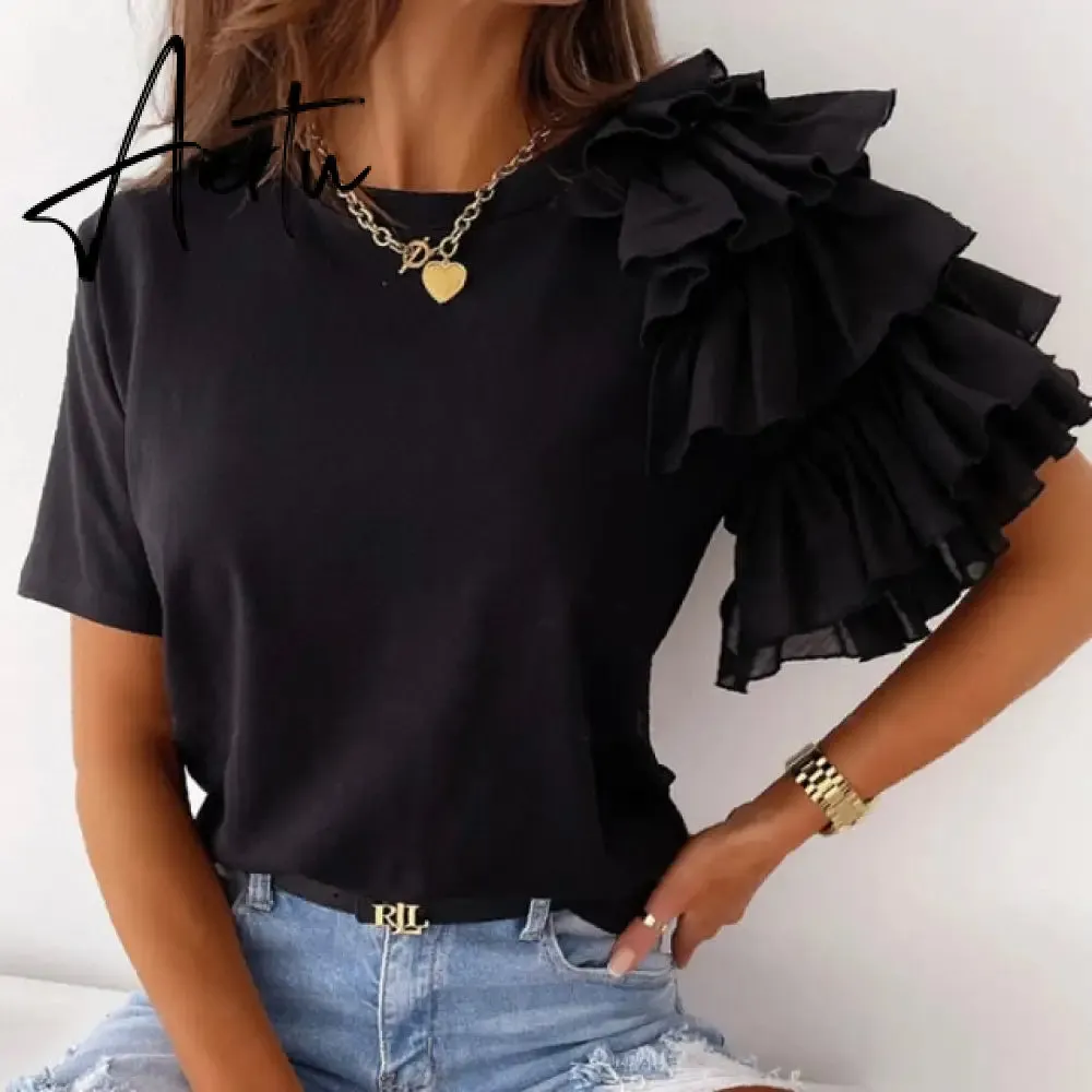 Aiertu Summer Short Sleeve Women Shirt Pullover Lady Casual O Neck Solid Blouse Shirt Fashion Layered Ruffle Tops Blusa Streetwear