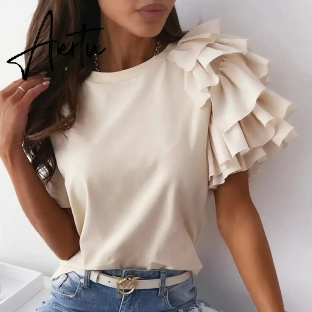 Aiertu Summer Short Sleeve Women Shirt Pullover Lady Casual O Neck Solid Blouse Shirt Fashion Layered Ruffle Tops Blusa Streetwear