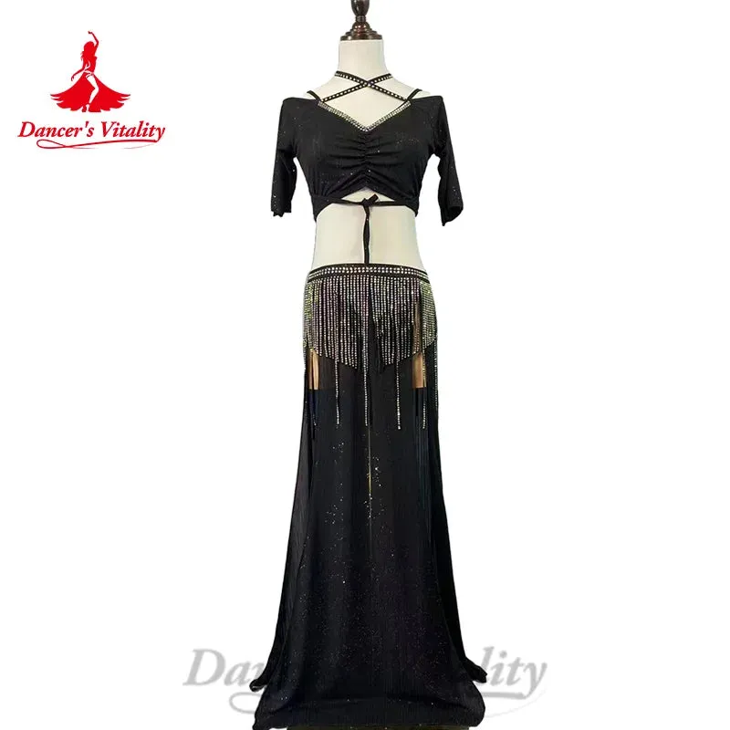 Belly Dance Costume Customized Short Sleeve V-neck Top tassels Long Skirt 2pcs Oriental Dance Professional Performance Clothing