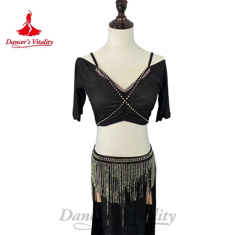 Belly Dance Costume Customized Short Sleeve V-neck Top tassels Long Skirt 2pcs Oriental Dance Professional Performance Clothing