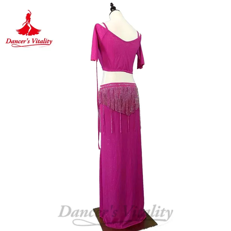 Belly Dance Costume Customized Short Sleeve V-neck Top tassels Long Skirt 2pcs Oriental Dance Professional Performance Clothing