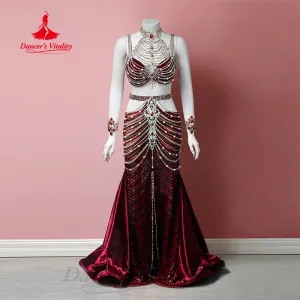 Belly Dancing Set Customized Senior AB Stones Bra  Senior Satin Long Skirt 2pcs Belly Dance Professional Performance Costume