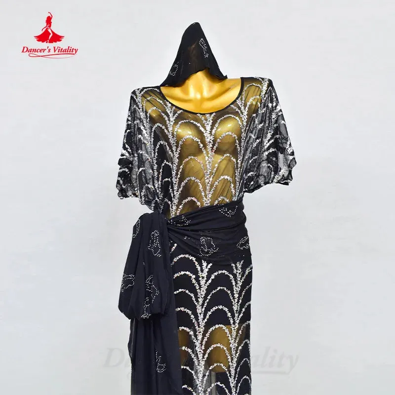 BellyDance Robe Customized Black Sexy Gauze Sequin Short Sleeve Dress Women Oriental Dance Professional Performance Clothing