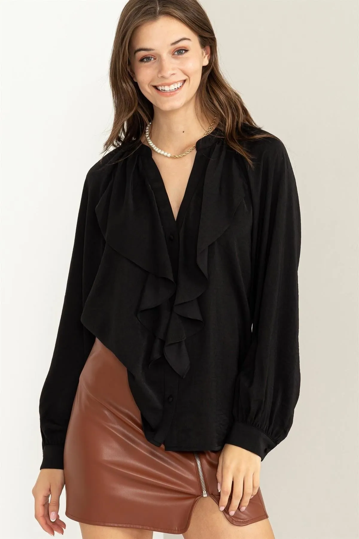 Black Ruffle Satin Long Sleeve Top