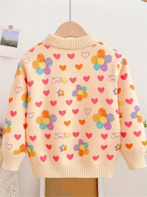 Cartoon Hearts Allover Knit Sweater For Girls, Comfy Casual Long Sleeve Jumper Top, Girls Spring/ Fall Clothing