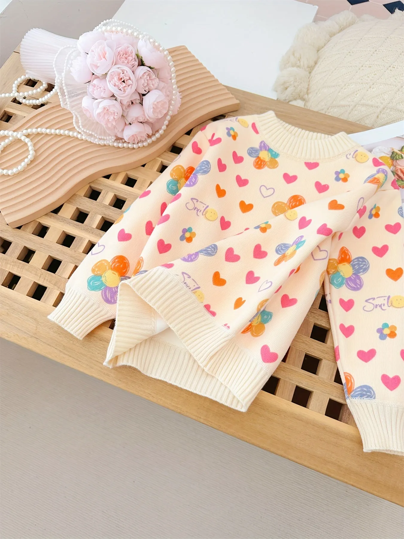 Cartoon Hearts Allover Knit Sweater For Girls, Comfy Casual Long Sleeve Jumper Top, Girls Spring/ Fall Clothing