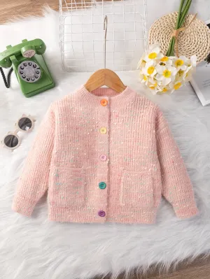 Colorful Dots Decor Knit Cardigan For Girls, Comfy Casual Multi-color Buttons Long Sleeve Knitted Outerwear Autumn/ Winter Clothes, 1pc