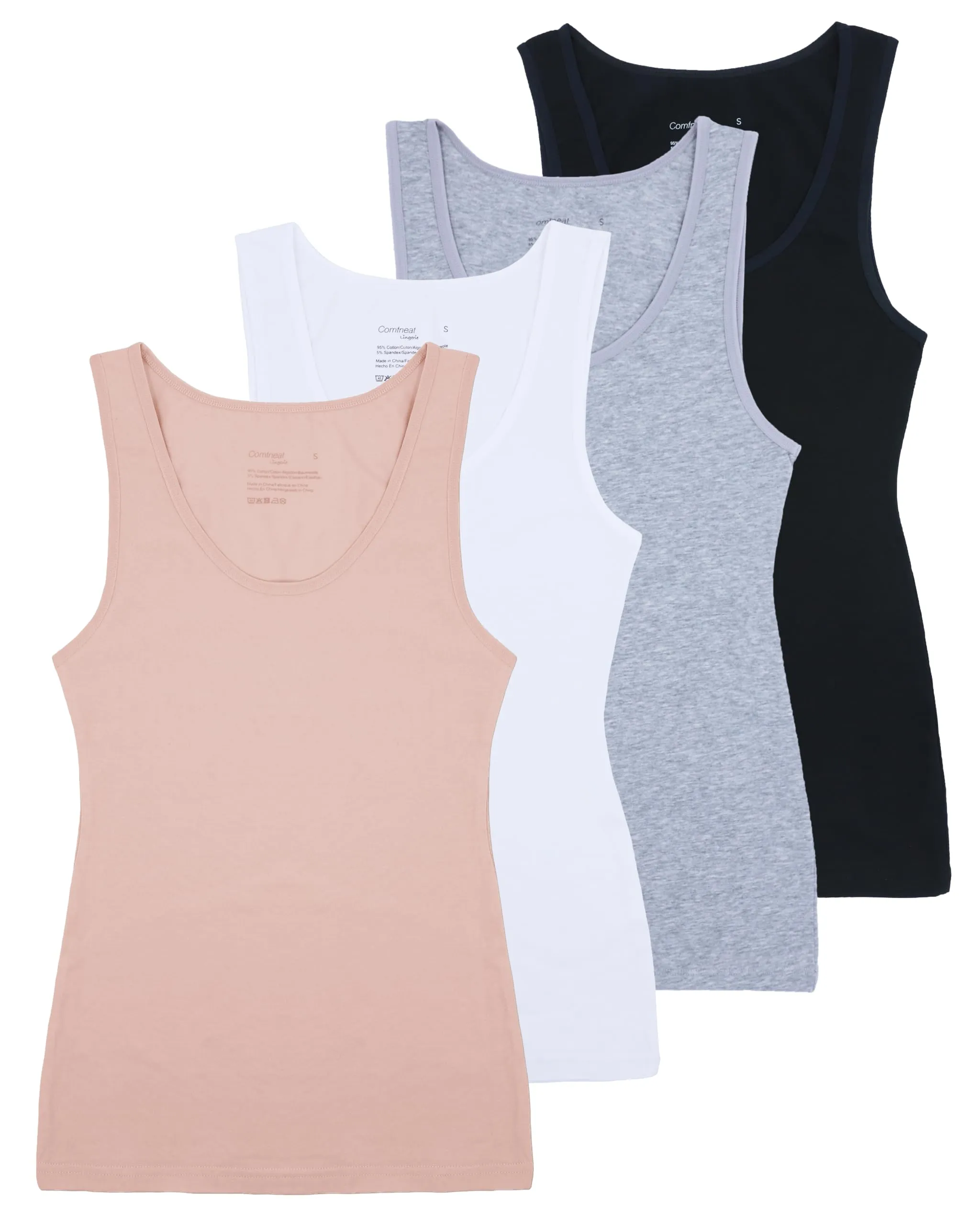 Comfneat Women's 4-Pack Slim-Fit Basic Tanks Cotton Casual Comfy Top