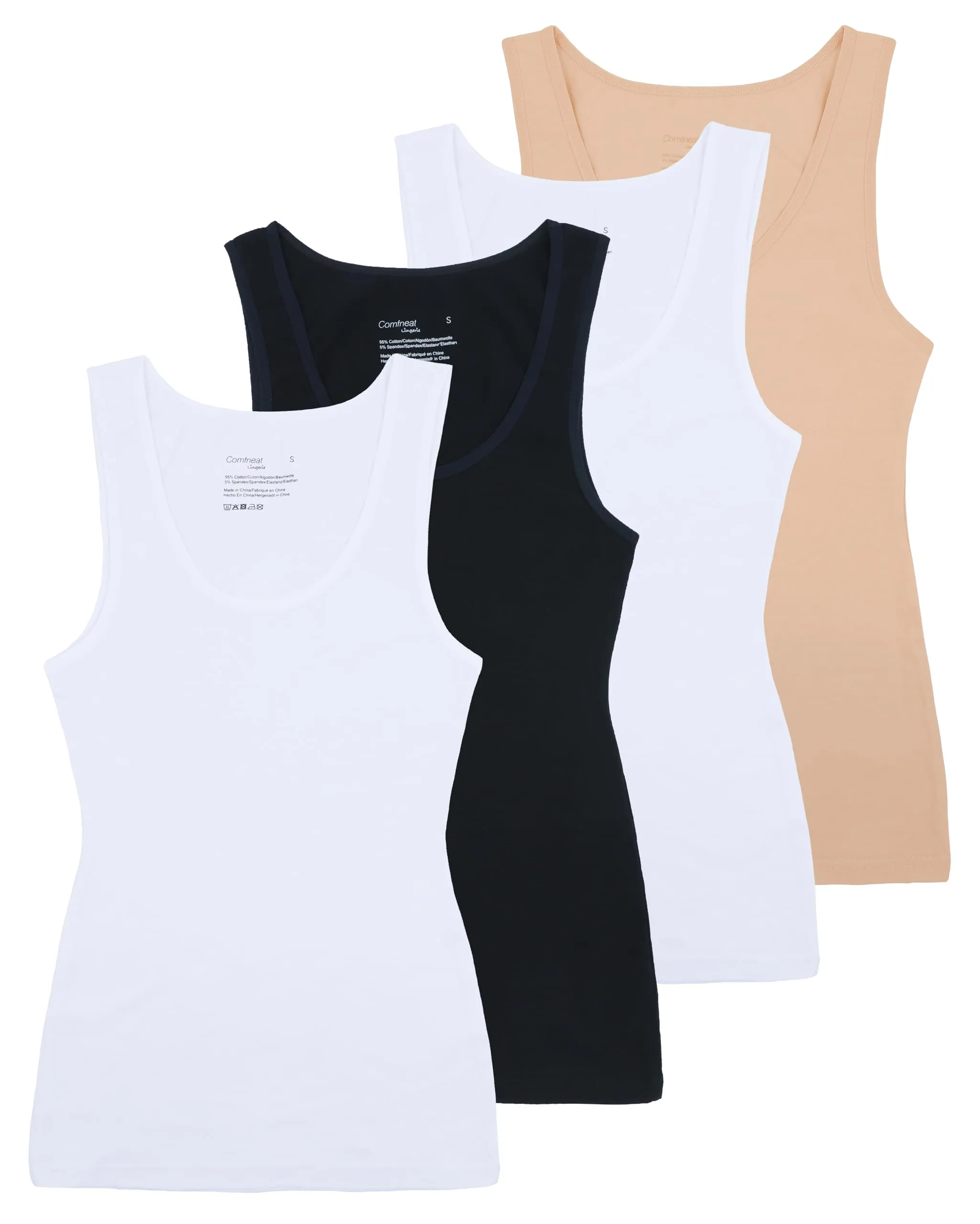 Comfneat Women's 4-Pack Slim-Fit Basic Tanks Cotton Casual Comfy Top