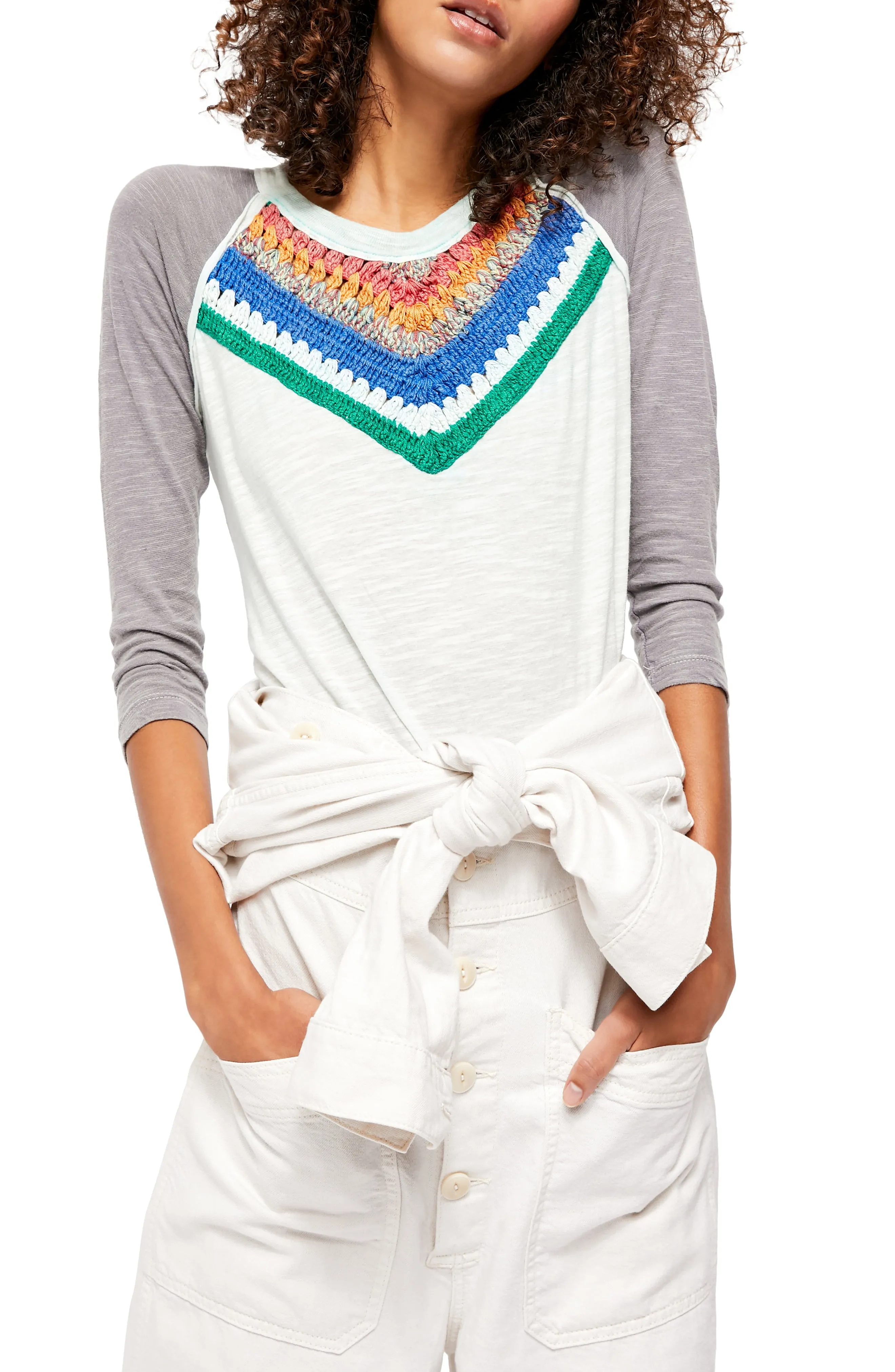 Free People Womens Chevron 3/4 Sleeve Crew Neck T-Shirt Top