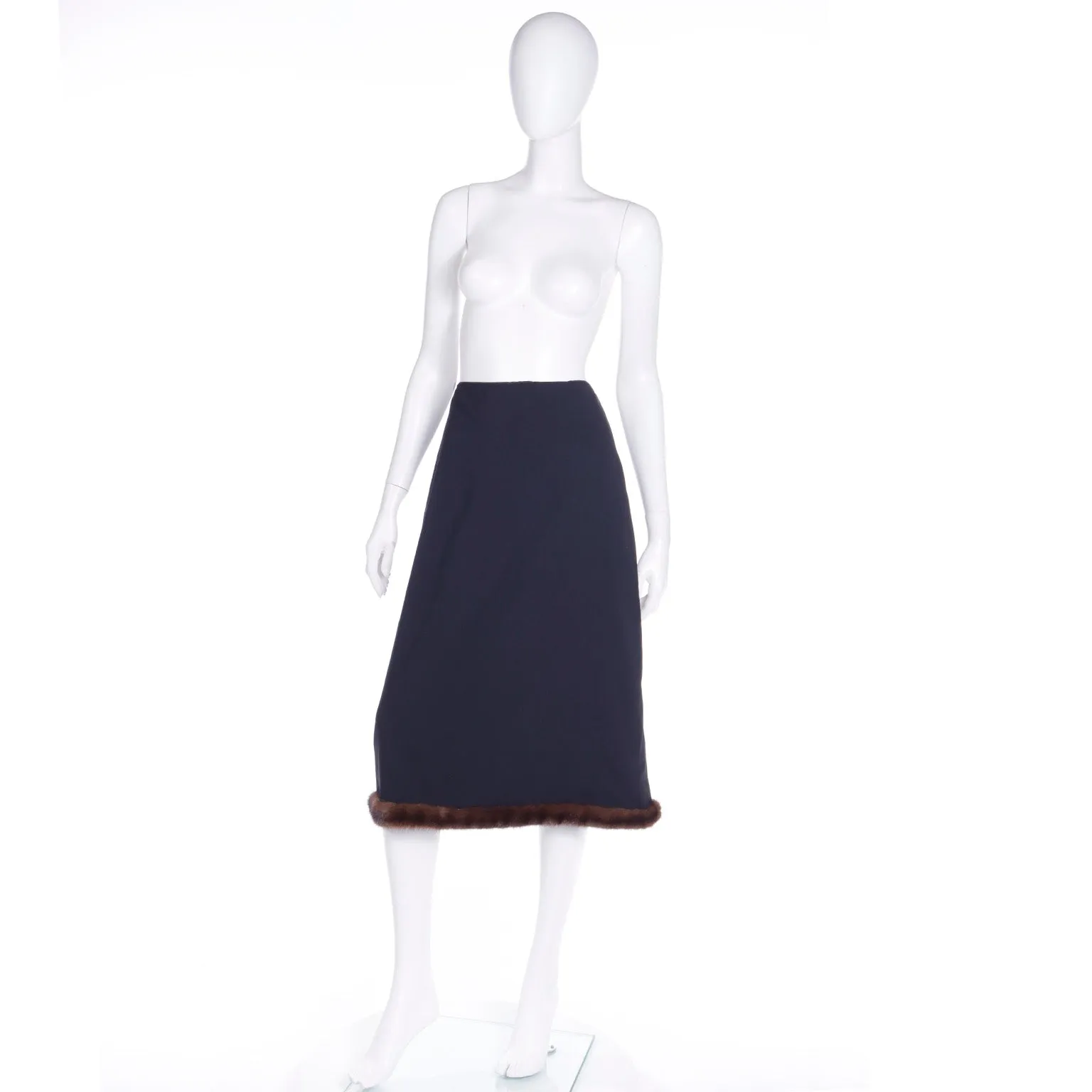 Isaac Mizrahi Black Midi Skirt with Brown Mink Fur Trim, Fall/Winter 1998