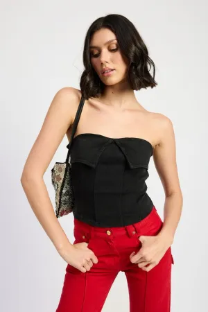 Hot Girl Denim Fold Over Corset Top In Black