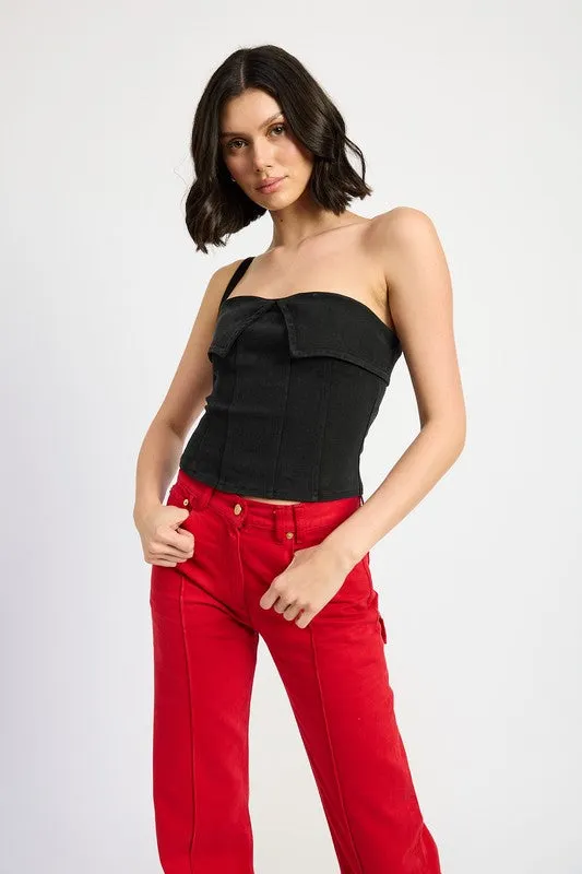 Hot Girl Denim Fold Over Corset Top In Black