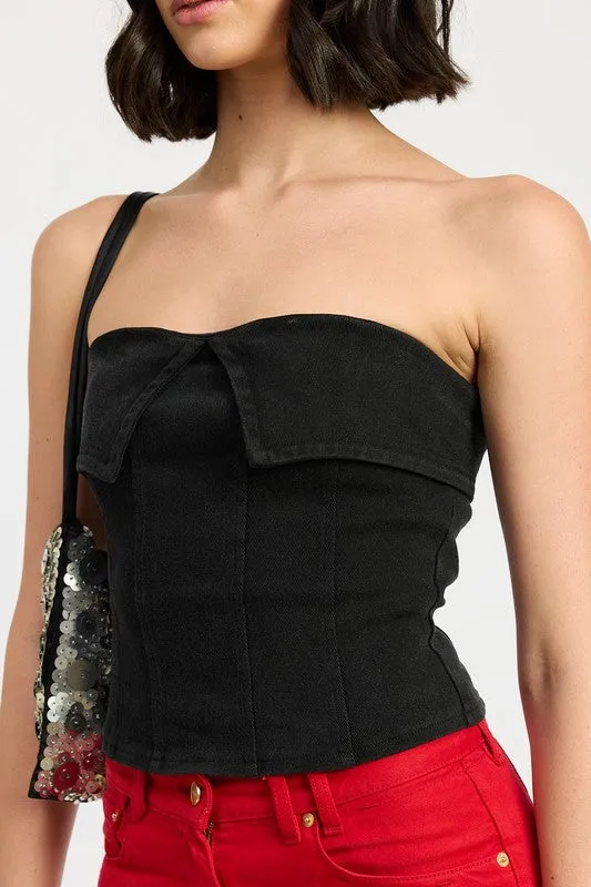 Hot Girl Denim Fold Over Corset Top In Black