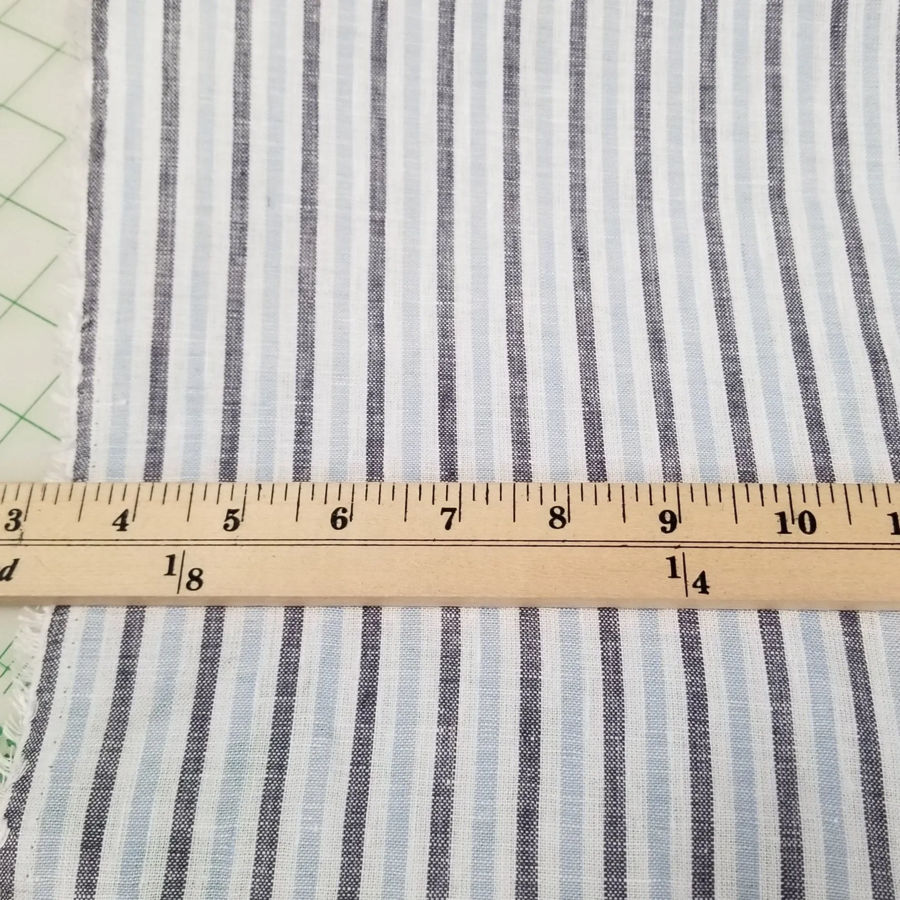 Irish Linen White and Baby Blue Vertical Stripe Spence Bryson Woven 150GSM- by the yard