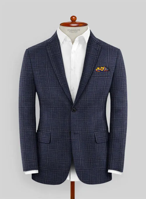 Italian Wool Silk Linen Vrella Blue Checks Jacket