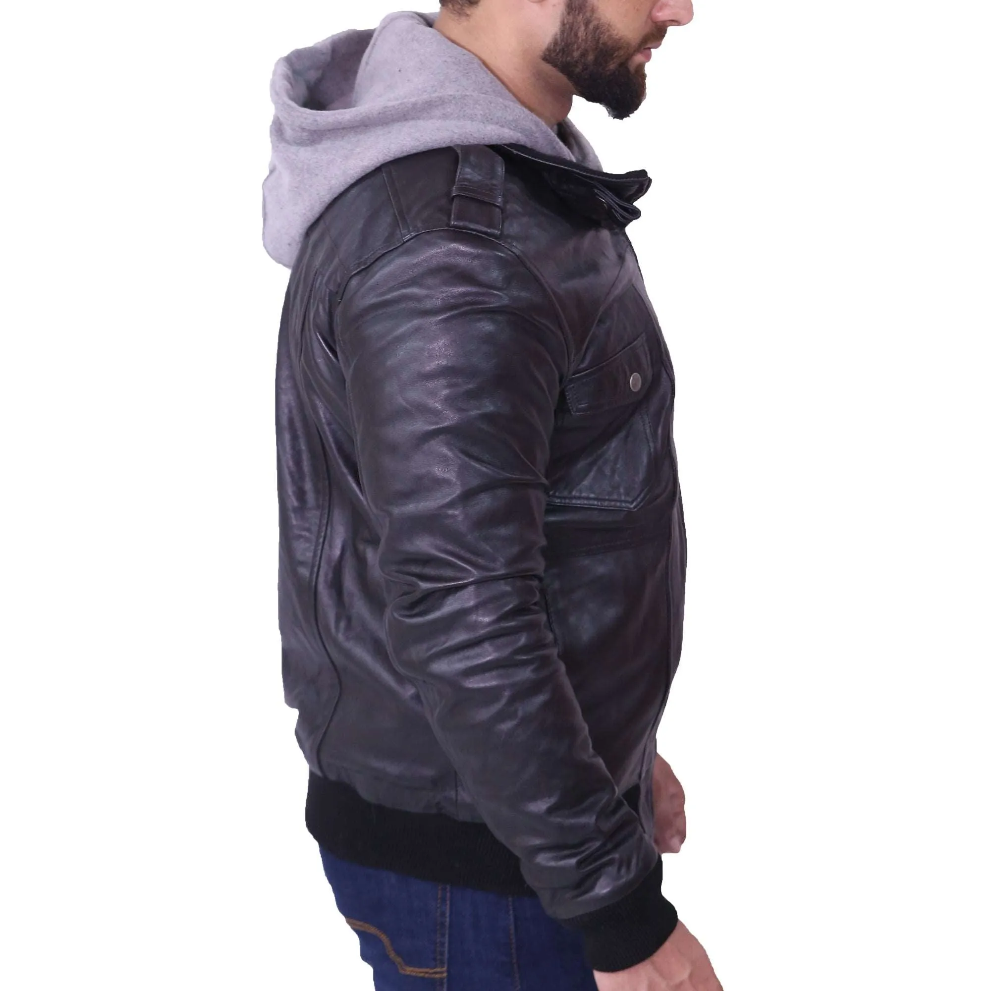 Men's Grey Removable Hood Black Leather Jacket