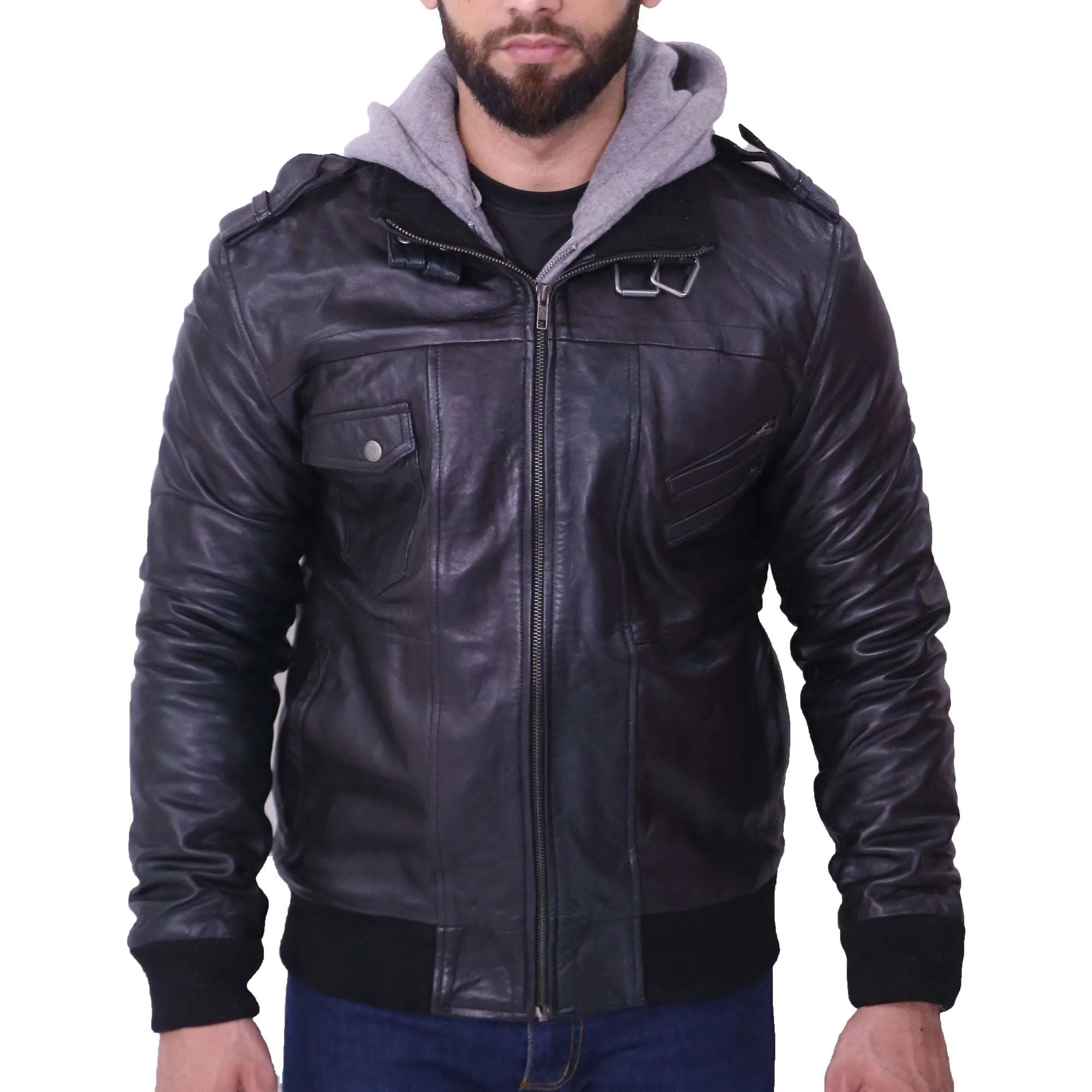 Men's Grey Removable Hood Black Leather Jacket