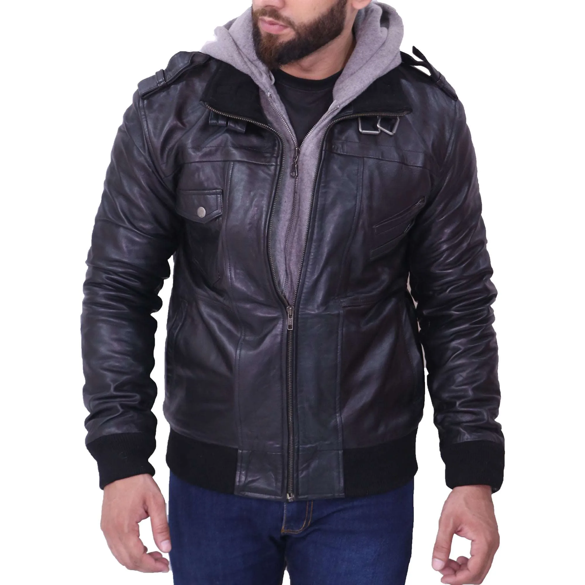 Men's Grey Removable Hood Black Leather Jacket