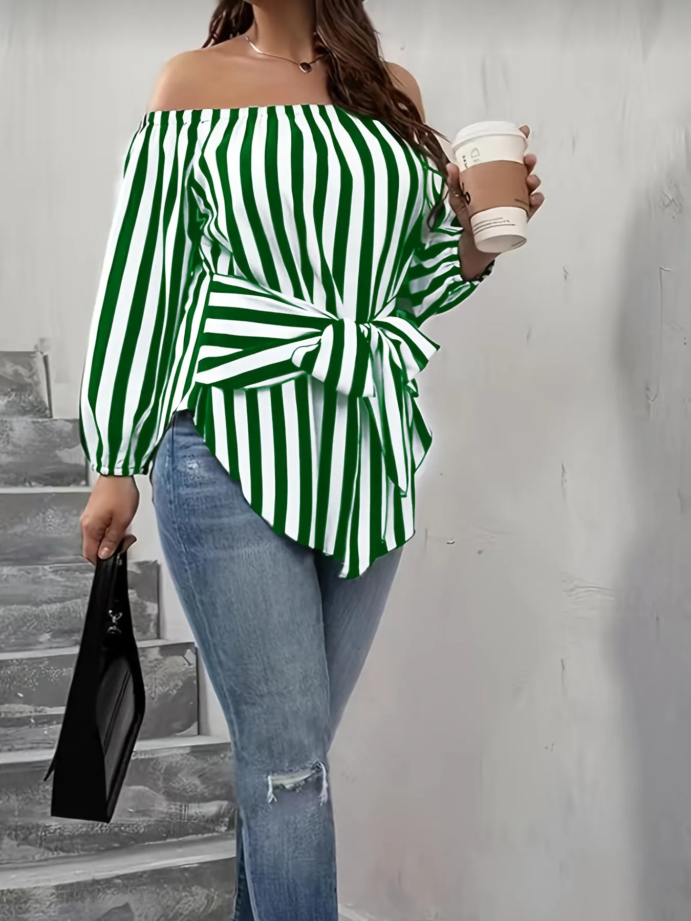 Plus Size Elegant Off the Shoulder Striped Print Blouse - Long Sleeve, Non-Stretch Polyester, Woven Shirting for Spring, Summer, and Fall - Womens Casual, Comfortable, and Chic Clothing