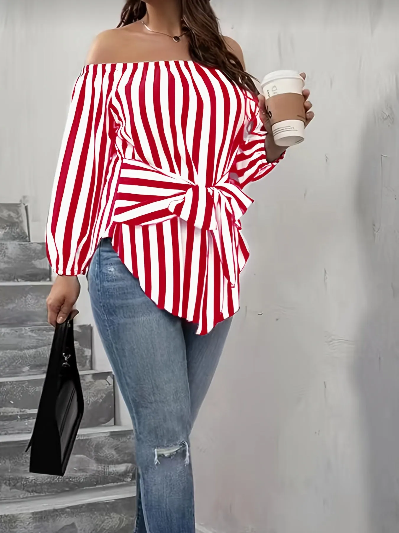 Plus Size Elegant Off the Shoulder Striped Print Blouse - Long Sleeve, Non-Stretch Polyester, Woven Shirting for Spring, Summer, and Fall - Womens Casual, Comfortable, and Chic Clothing