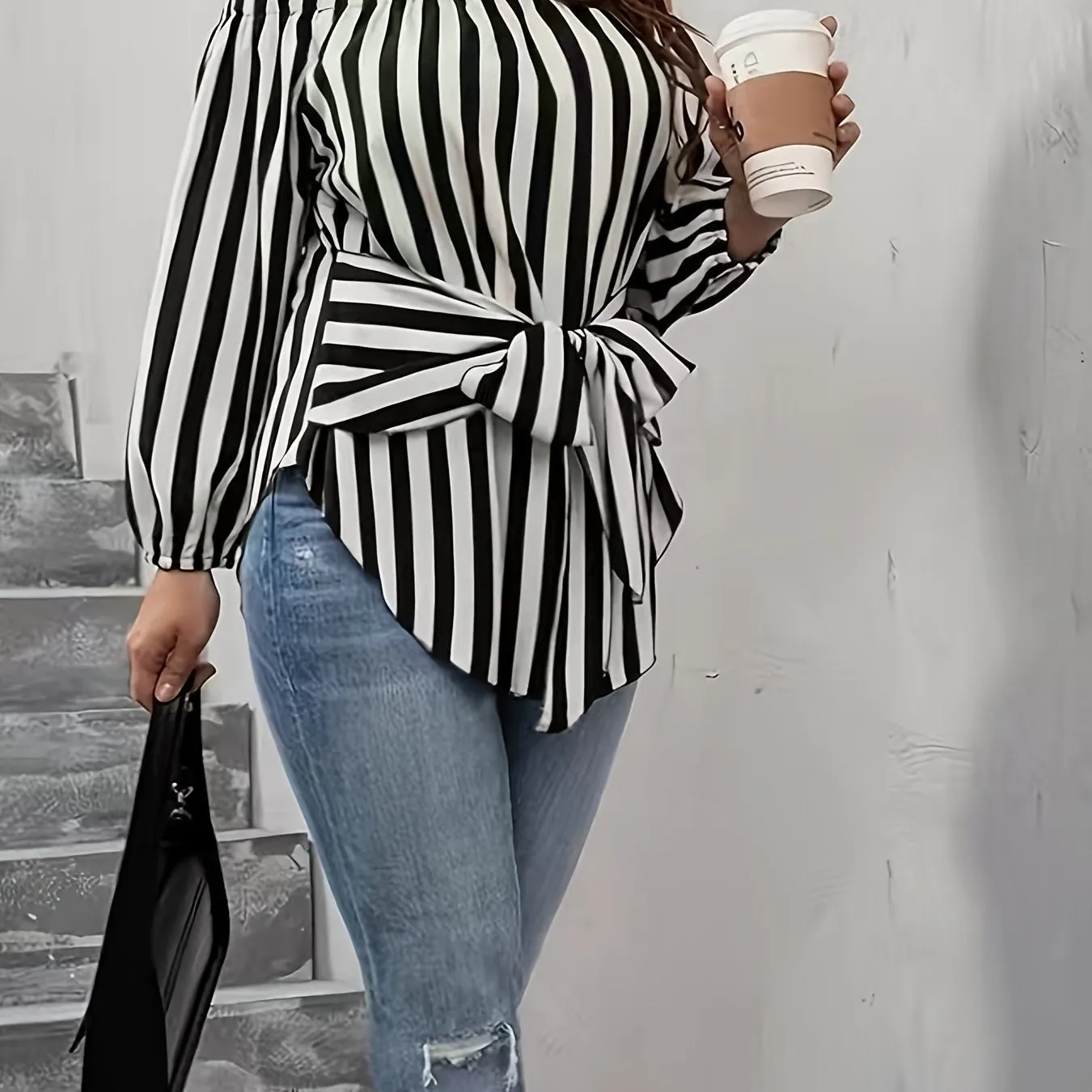 Plus Size Elegant Off the Shoulder Striped Print Blouse - Long Sleeve, Non-Stretch Polyester, Woven Shirting for Spring, Summer, and Fall - Womens Casual, Comfortable, and Chic Clothing