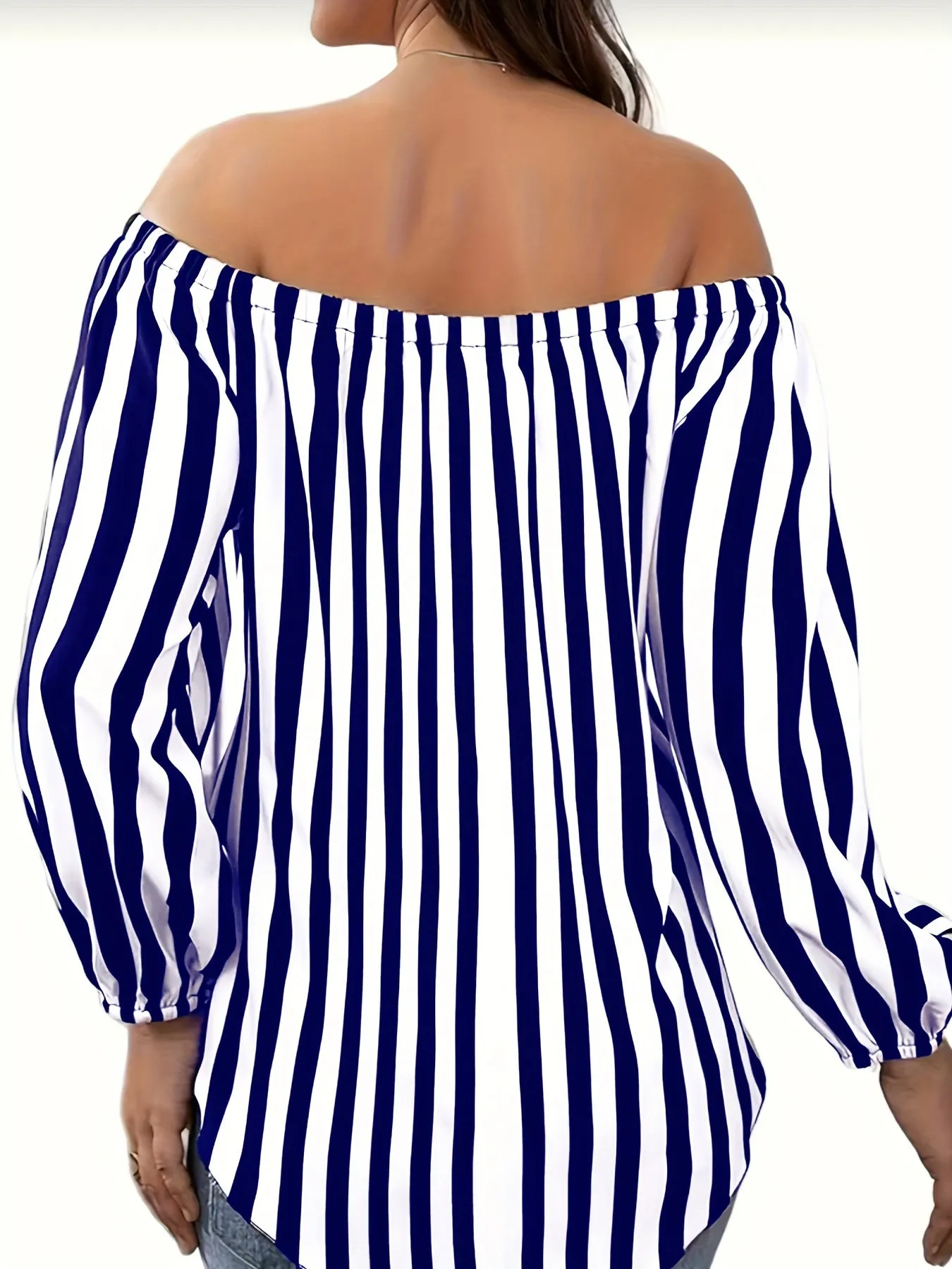 Plus Size Elegant Off the Shoulder Striped Print Blouse - Long Sleeve, Non-Stretch Polyester, Woven Shirting for Spring, Summer, and Fall - Womens Casual, Comfortable, and Chic Clothing