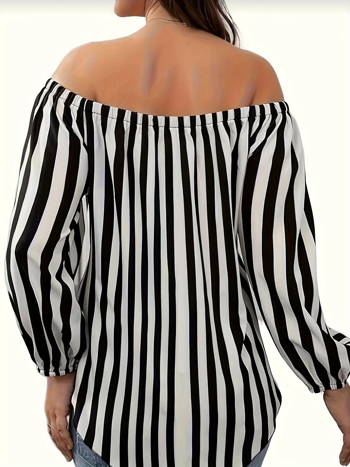 Plus Size Elegant Off the Shoulder Striped Print Blouse - Long Sleeve, Non-Stretch Polyester, Woven Shirting for Spring, Summer, and Fall - Womens Casual, Comfortable, and Chic Clothing