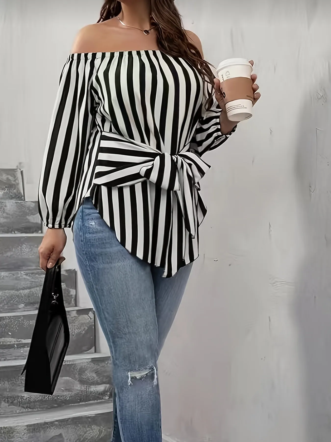 Plus Size Elegant Off the Shoulder Striped Print Blouse - Long Sleeve, Non-Stretch Polyester, Woven Shirting for Spring, Summer, and Fall - Womens Casual, Comfortable, and Chic Clothing