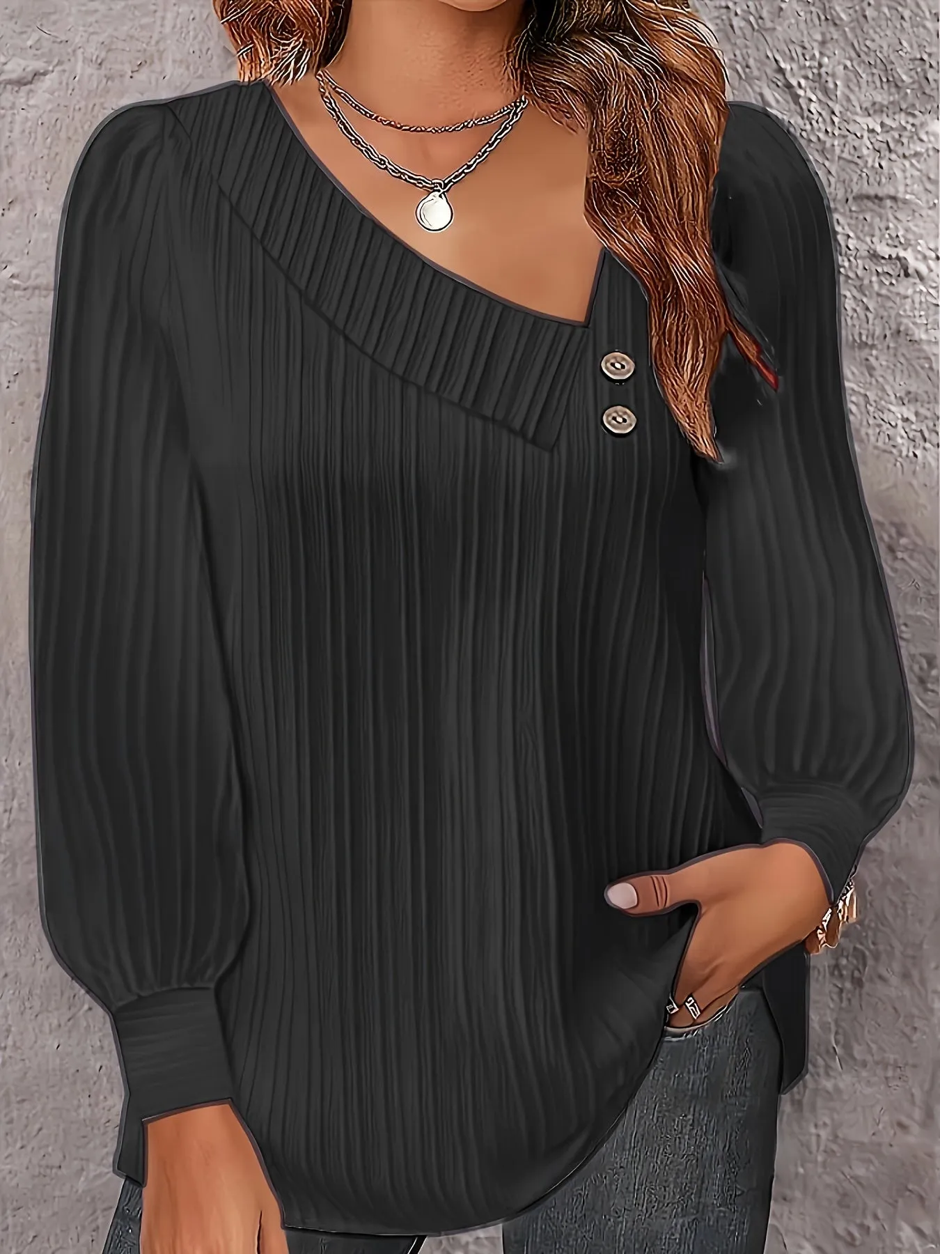 Plus Size Ribbed Lantern Sleeve Blouse with Button Decor