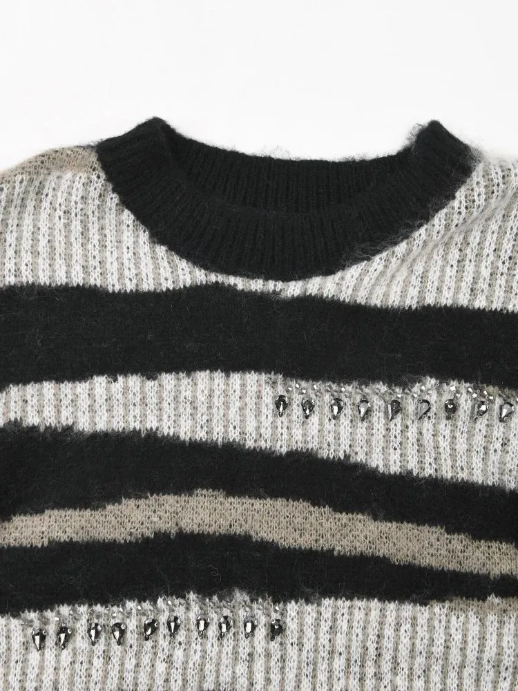 Pre Order:  Teardrop Rhinestones Striped Knit Sweater