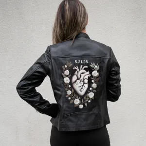 (Real Leather) Custom Heart Embroidery Leather Jacket