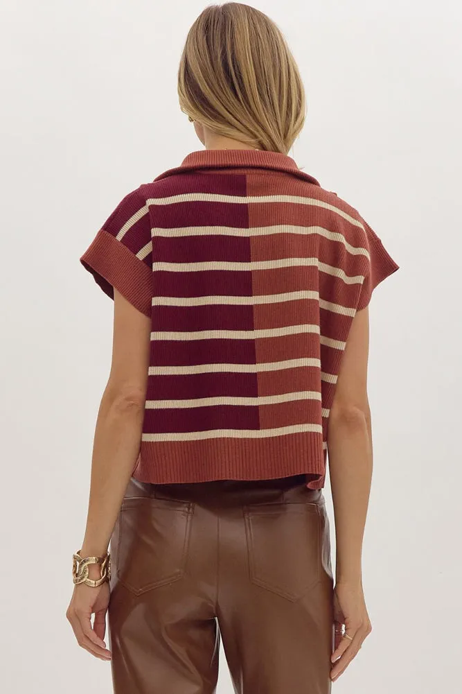 Striped Colorblock Cropped Sweater in Chestnut Multi by Entro