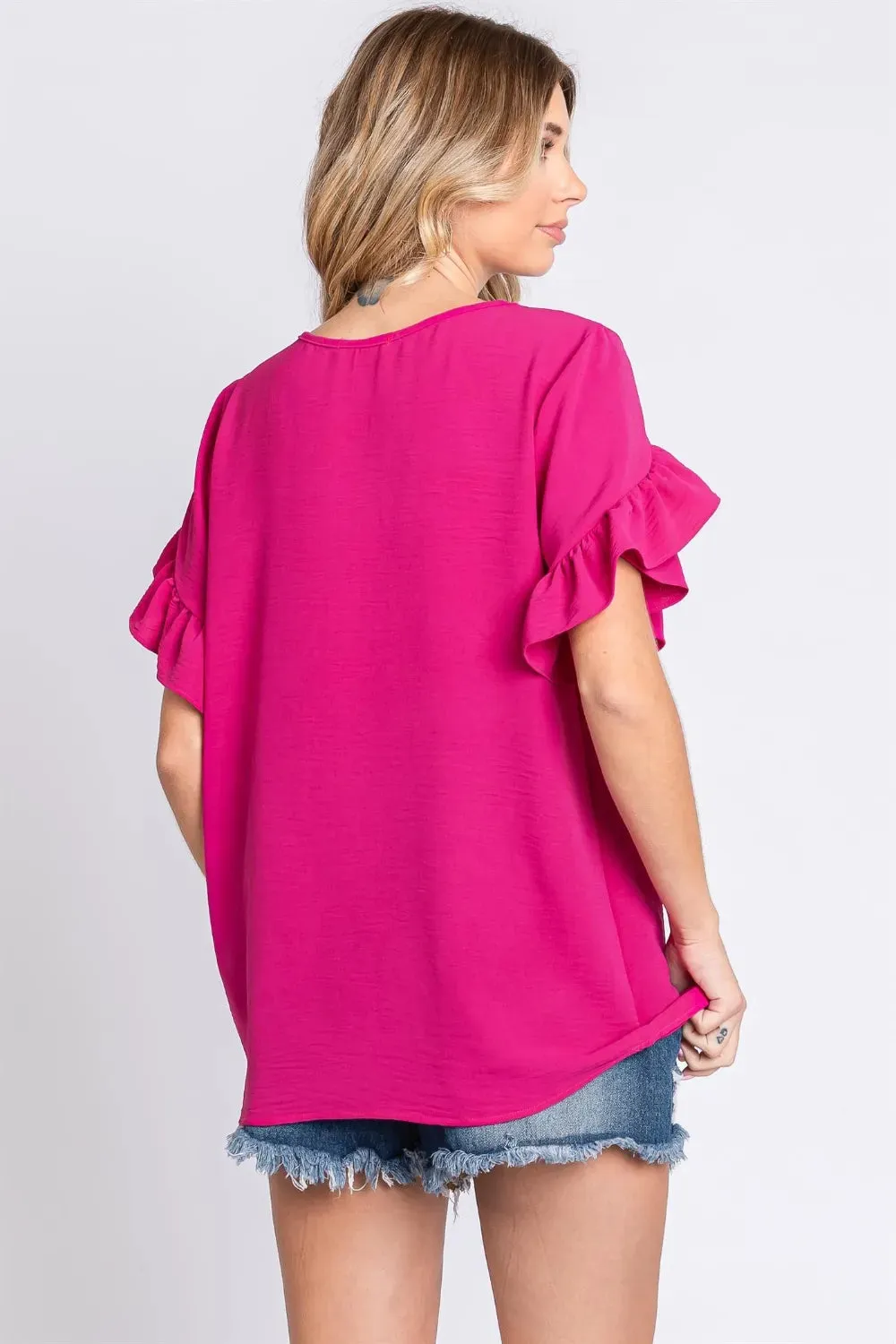 V-Neck Ruffle Trim Short Sleeve Blouse