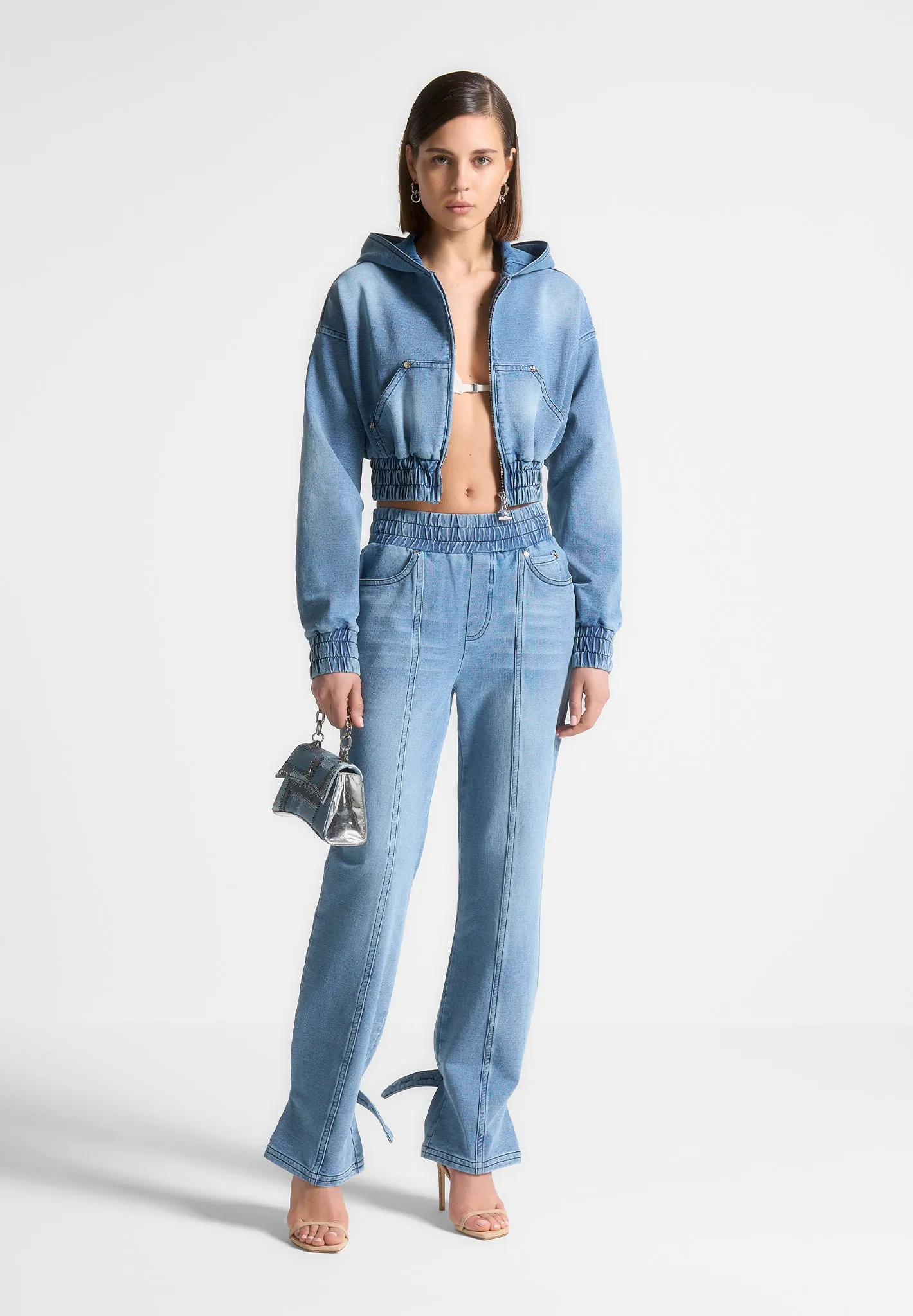 Washed Denim Jersey Hoodie - Mid Blue