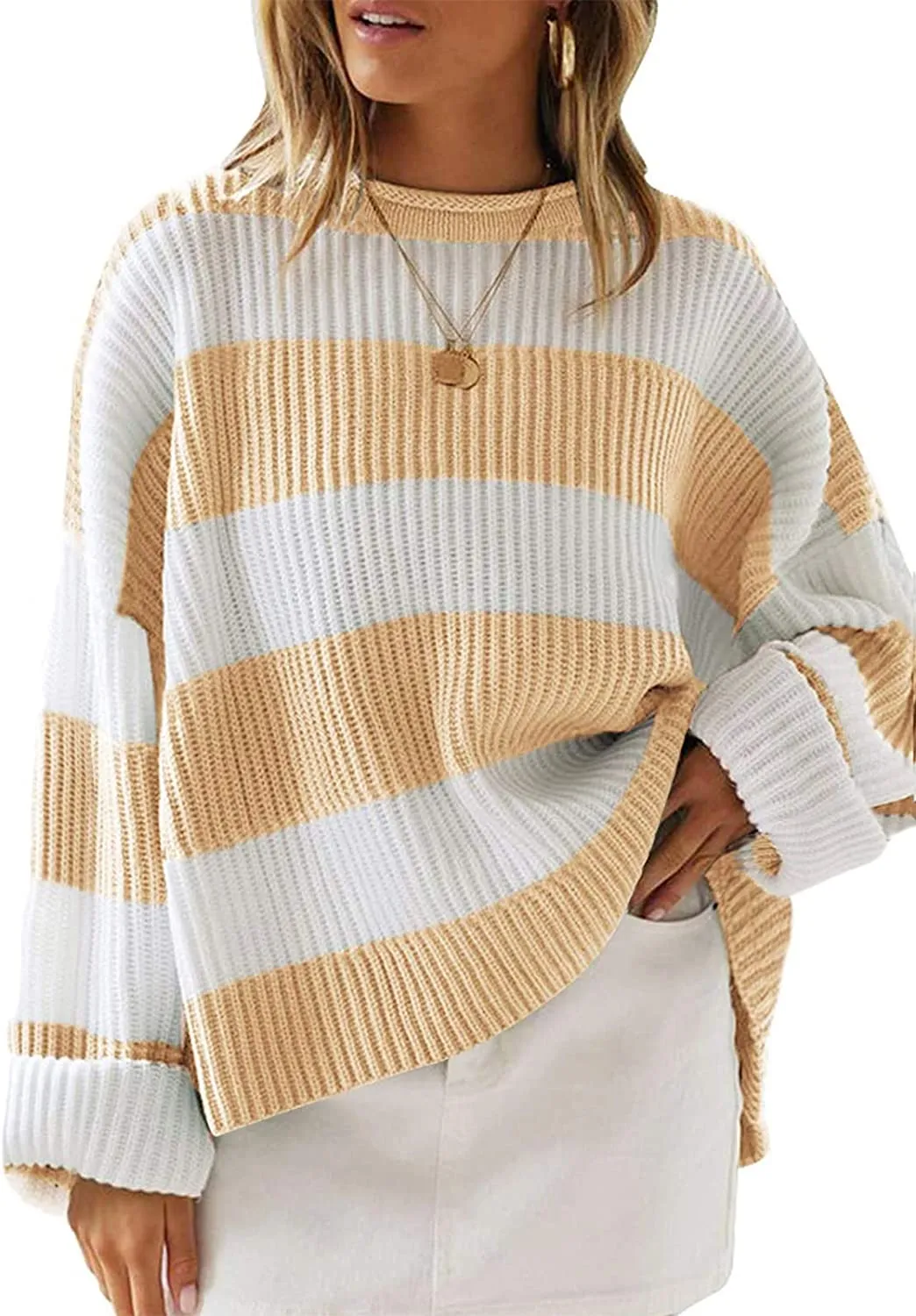 Wenkouban-Christmas Thanksgiving outfits_Women's Striped Color Comfy Knitted Sweater