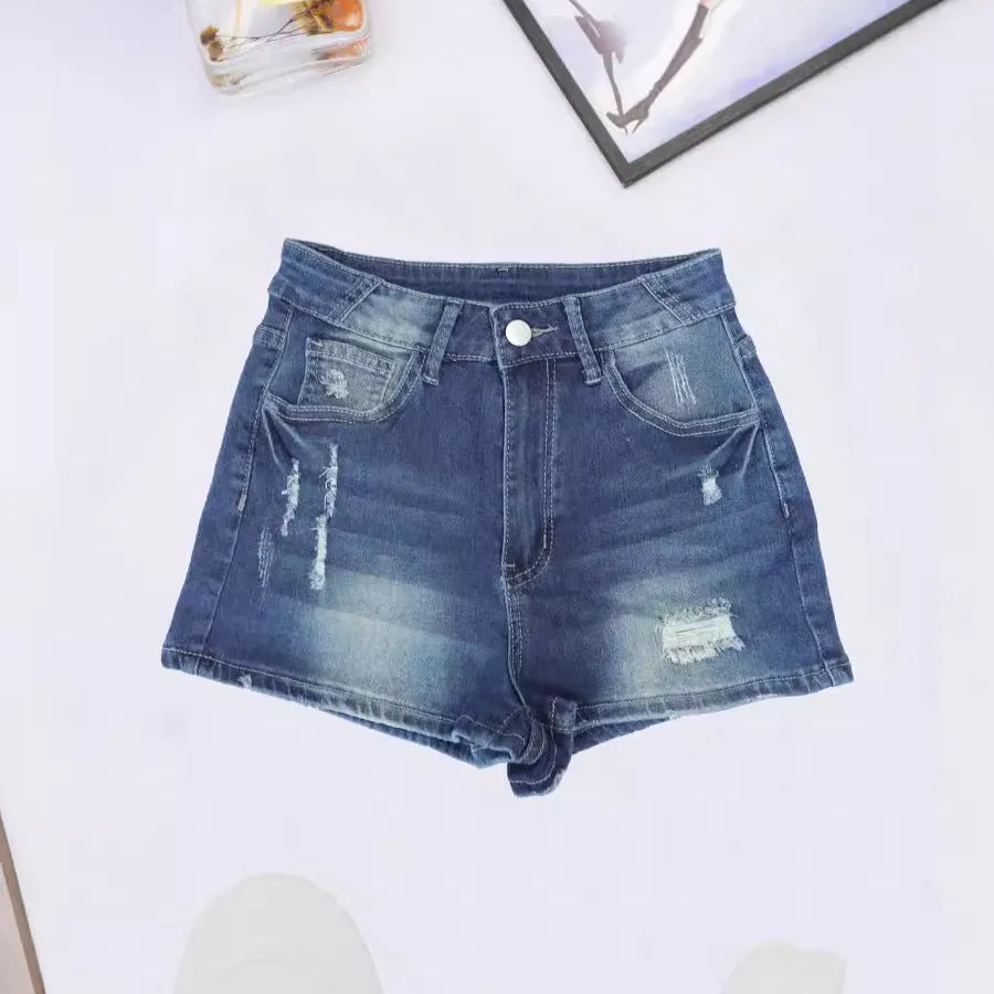 Women High Elastic Denim Shorts Ripped Worn Comfortable Slimming Street