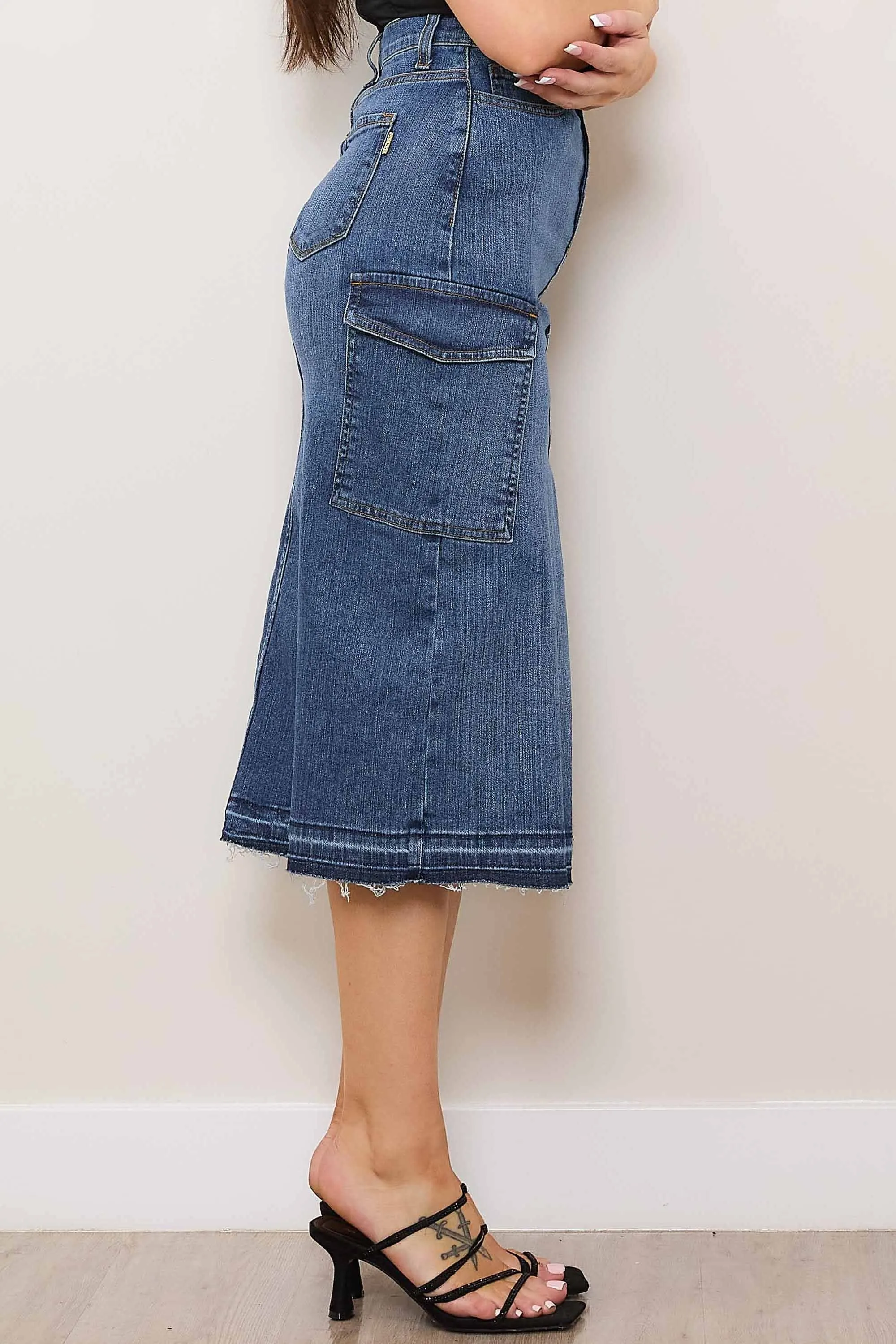 Y2K Front Slit Column Cargo Denim Skirt