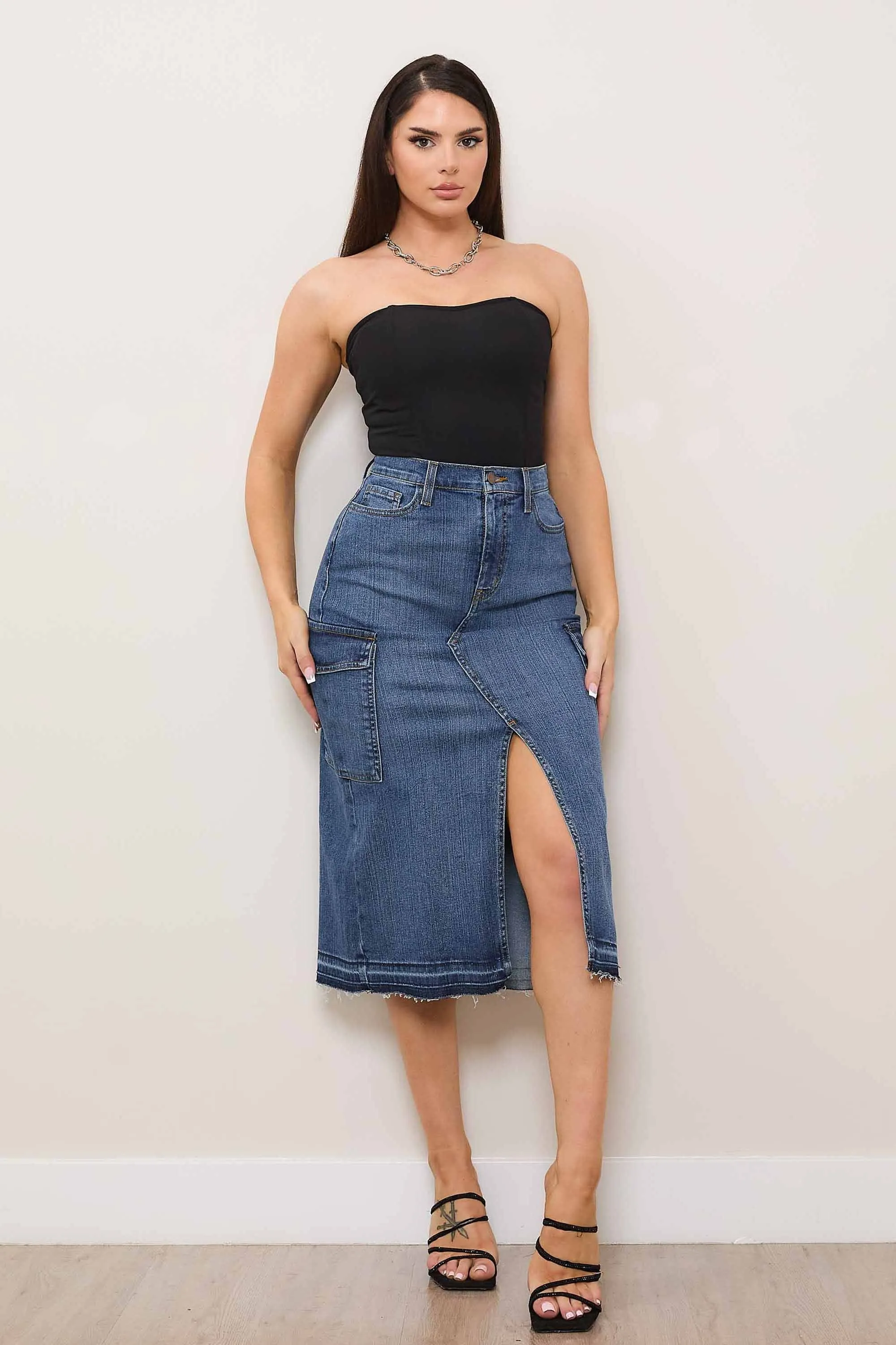 Y2K Front Slit Column Cargo Denim Skirt